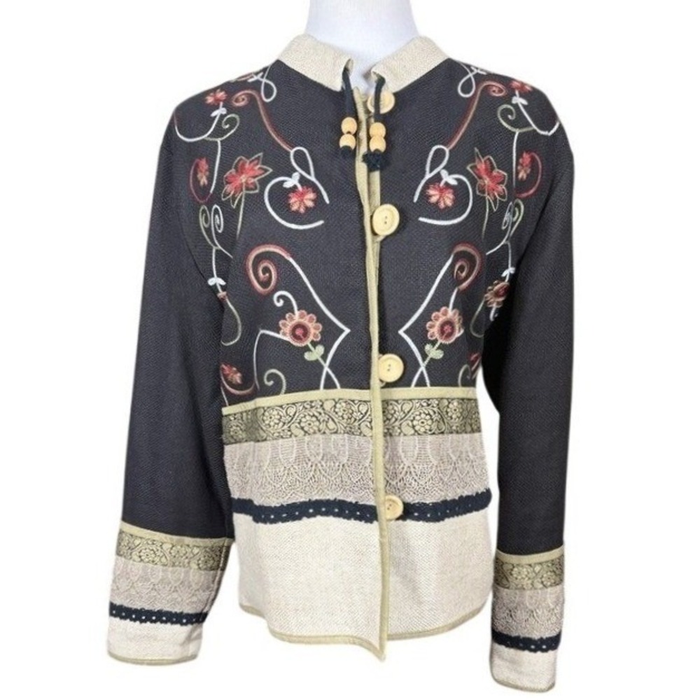 Coldwater Creek Women XL Embroidered Linen Blend Button Front Jacket Black Khaki